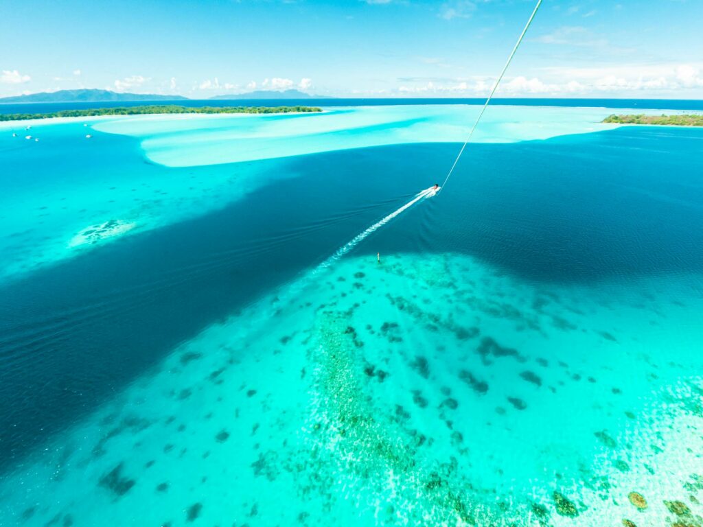 Views from the lagoon in Bora Bora while parasailing