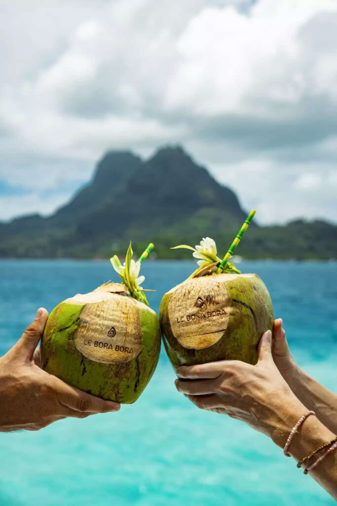 Two coconuts with Bora Bora's moutain on the back