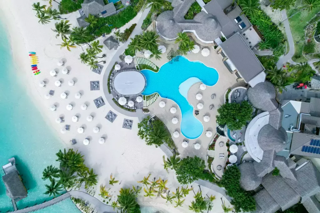 Aerial view of the pool of Le Bora Bora by Pearl Resorts