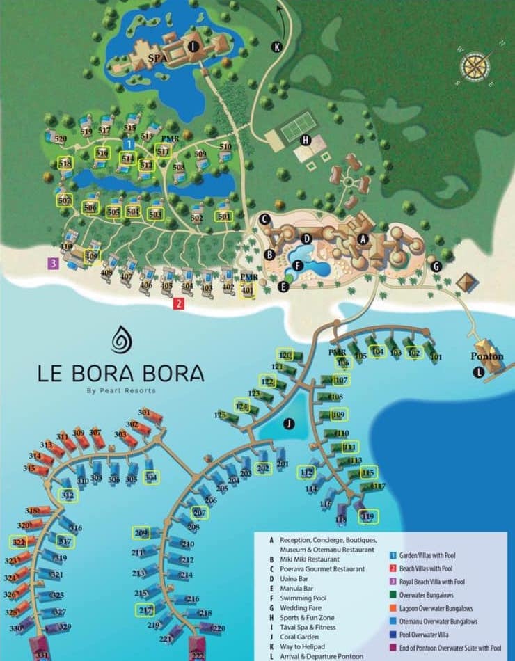 Map Le Bora Bora Pearl Beach Resort with numbers