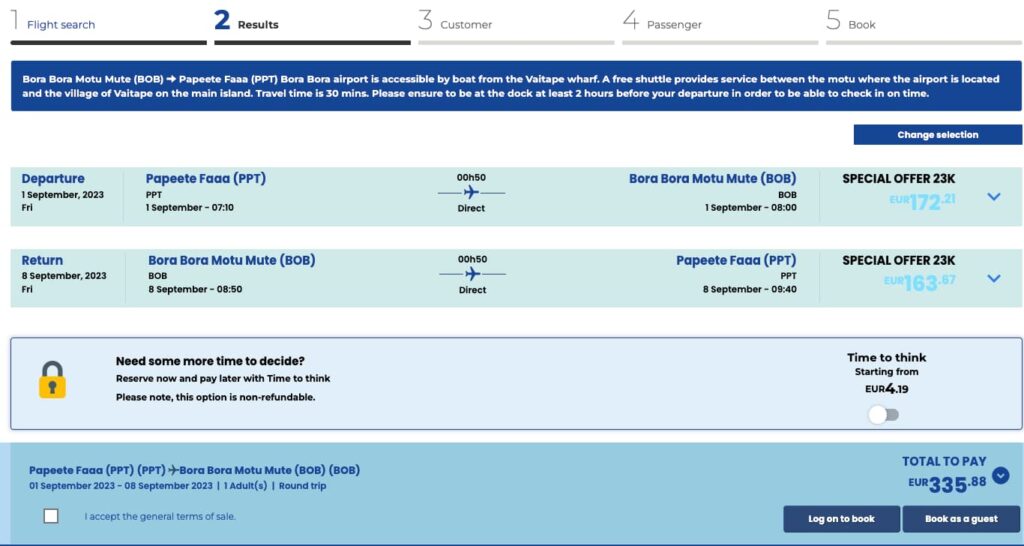 Booking system screenshot Air Moana