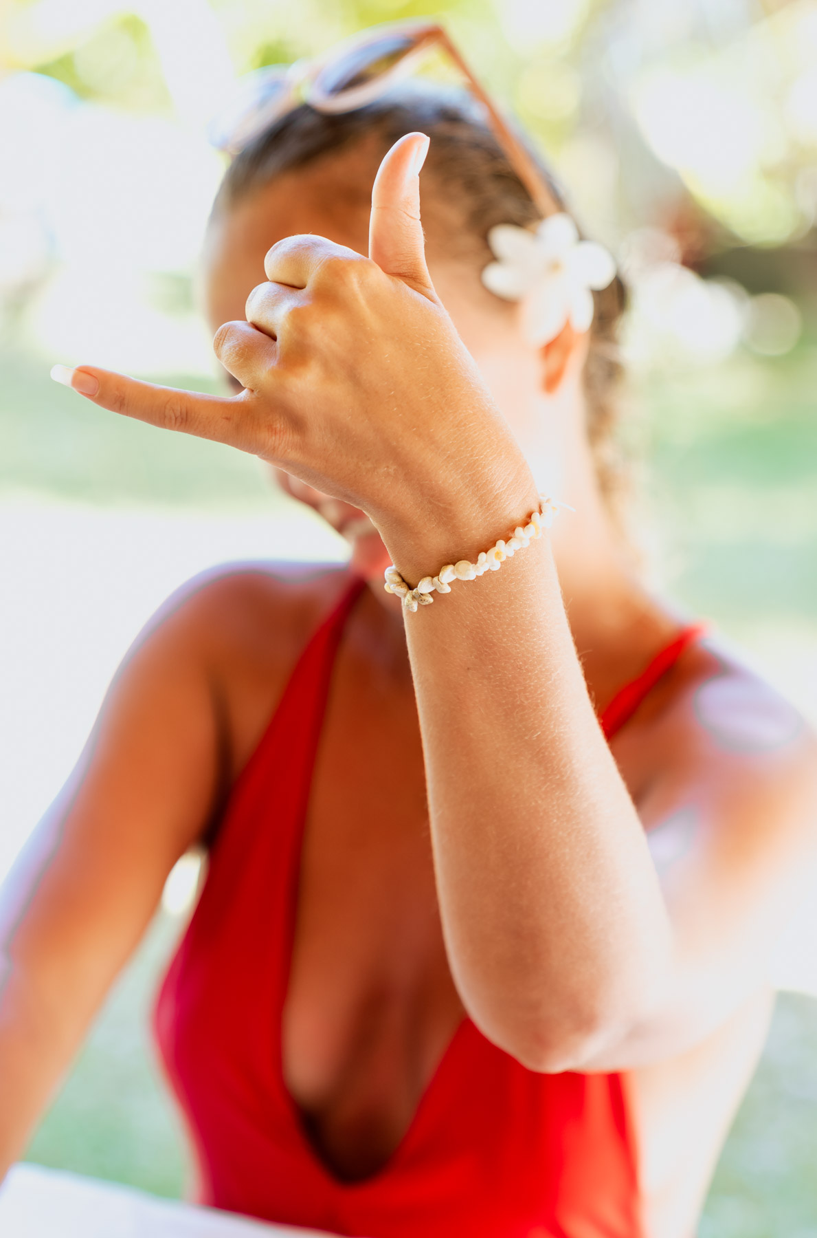 woman wearing a custom made shell bracelet