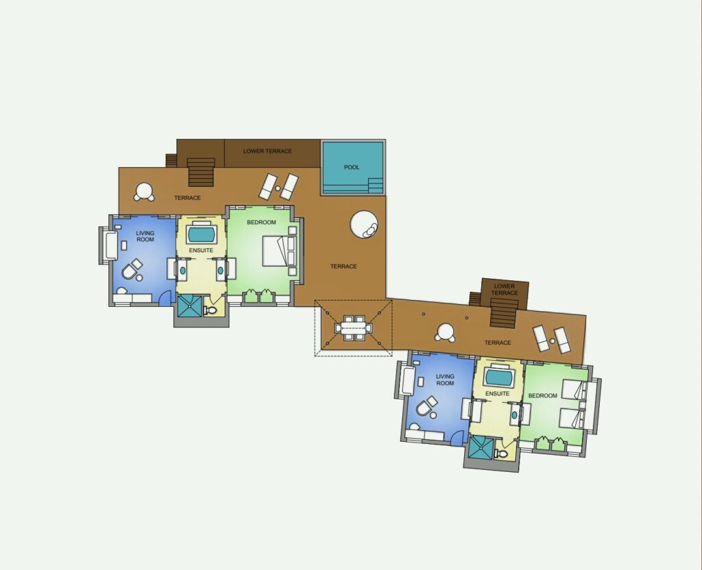Plan of the Two bedrooms overwater bungalow suite at the Four Seasons Bora Bora