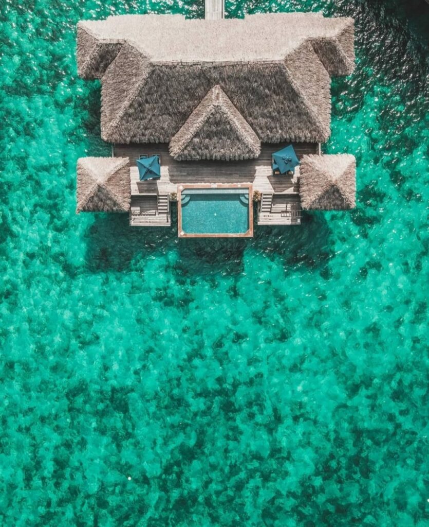 Overwater bungalow from above at the St Régis Bora Bora