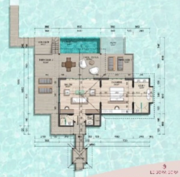 End of pontoon suite with pool overwater bungalow layout at Le Bora Bora 