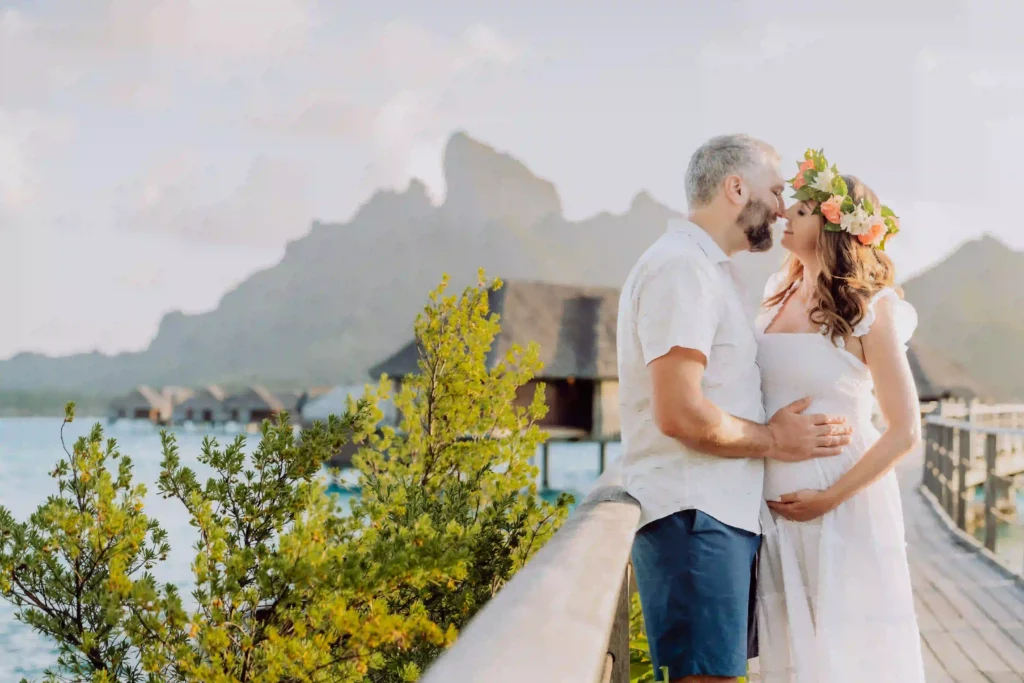 Couple having a babymoon in Bora Bora