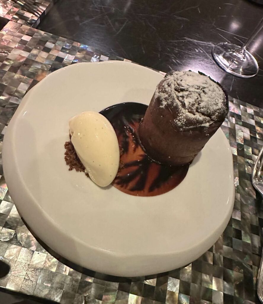 Molten chocolate cake dessert at Lagoon by Jean-Georges