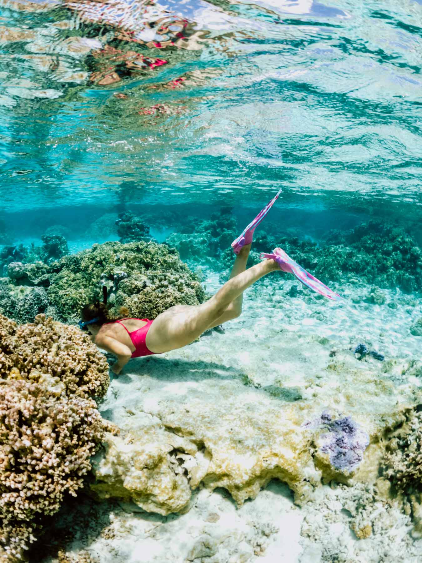 Woman snorkeling in a coral garden in Bora Bora