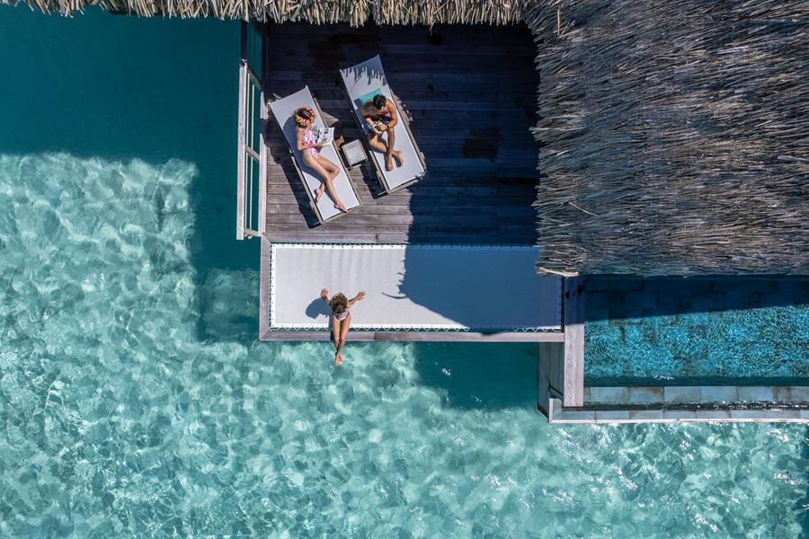 Drone view - End Of Pontoon Overwater Bungalow With Pool - Le Bora Bora By Pearl Resorts