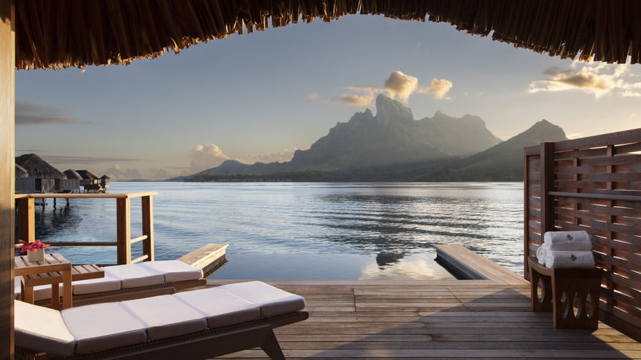 Outside deck with mountain view - One Bedroom Mountain-View Overwater Bungalow Suite With Plunge Pool - Four Seasons Resort Bora Bora